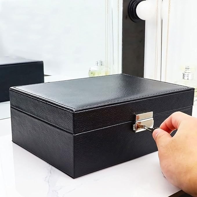 Musite Jewelry Box，Jewelry Storage Box Pu Leather Jewelry Storage Box Double-Layer Box Display Stand Ladies Storage Box with Lock (Black